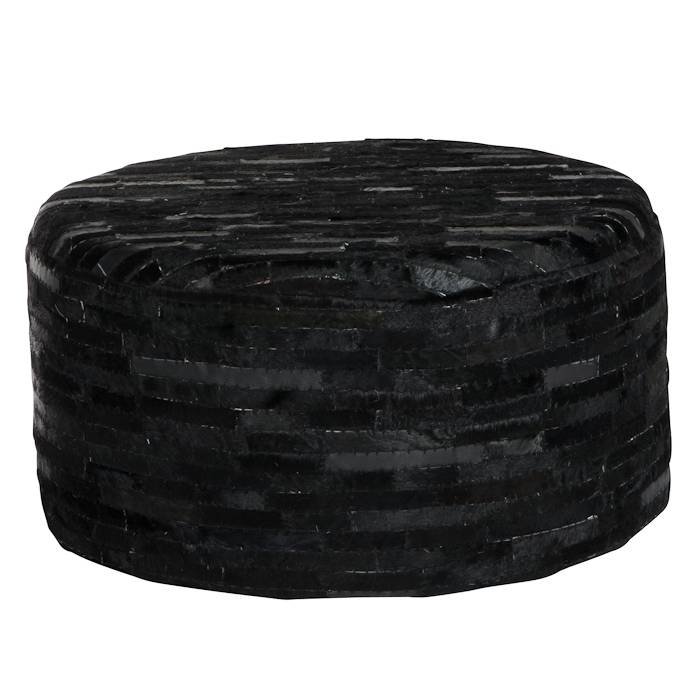 Leren poef zwart zilver reepjes leer