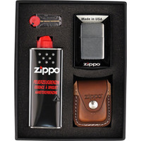 Gift Set Zippo Lighter Brushed Chrome met Leather Pouch Brown Clip