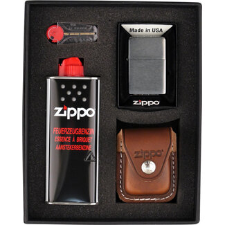 Zippo Gift Set Zippo Lighter Brushed Chrome met Leather Pouch Brown Clip