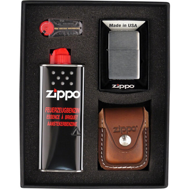 Zippo Gift Set Zippo Lighter Brushed Chrome met Leather Pouch Brown Clip