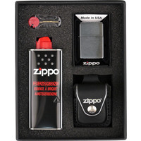 Gift Set Zippo Lighter Brushed Chrome met Leather Pouch Black Clip