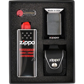 Zippo Gift Set Zippo Lighter Brushed Chrome met Leather Pouch Black Clip