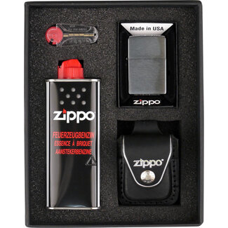 Zippo Gift Set Zippo Aansteker Brushed Chrome met Leather Pouch Black Loop