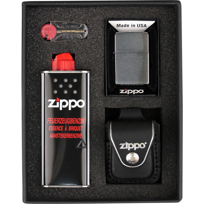 Gift Set Zippo Lighter Brushed Chrome met Leather Pouch Black Loop