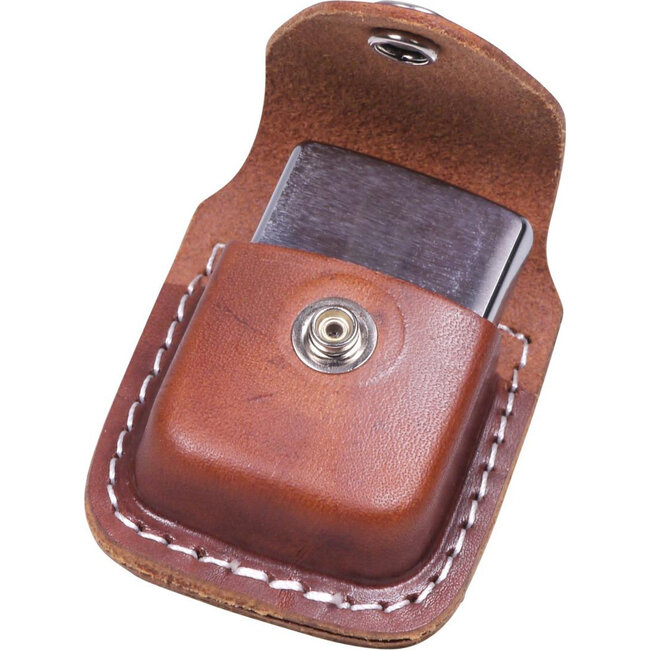 Gift Set Zippo Lighter Brushed Chrome met Leather Pouch Brown Loop