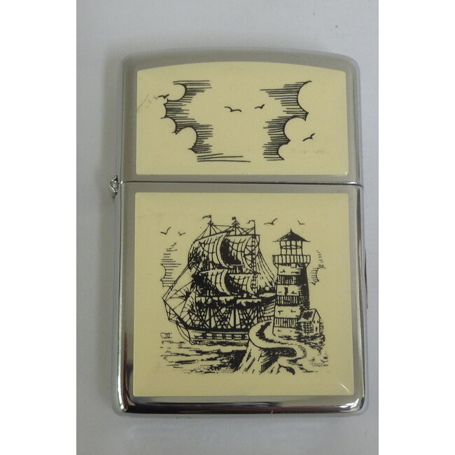 Lighter Zippo Scrimshaw Ship Lighthouse (NOS)