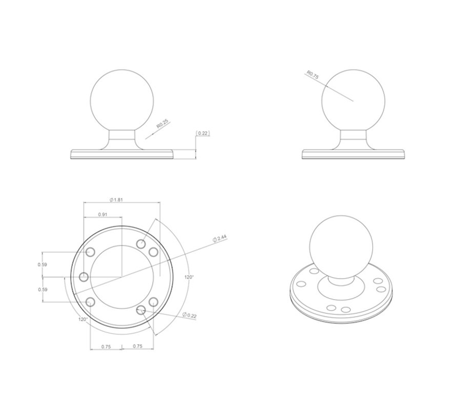 Ronde Basis met C-Kogel (38 mm) - Aluminium