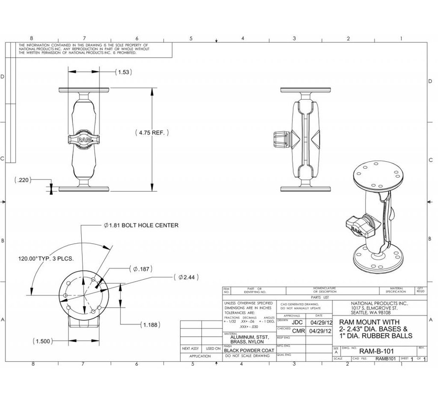 Klemhouder met 2 B-kogels RAM-B-101U