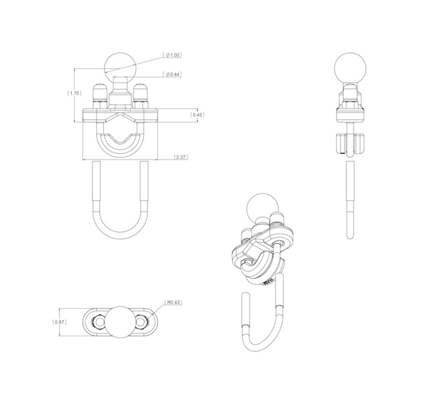 Stalen Stangbeugel 13-32 mm met B-Kogel (25 mm) - RAM-B-231ZU