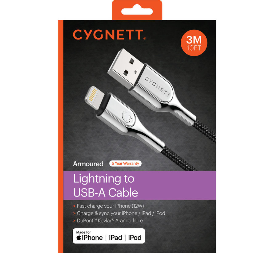 Armoured Braided Lightning to USB Cable 3m Black