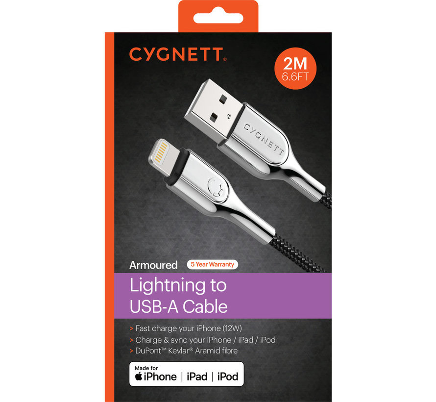 Armoured Braided Lightning to USB Cable 2m Black