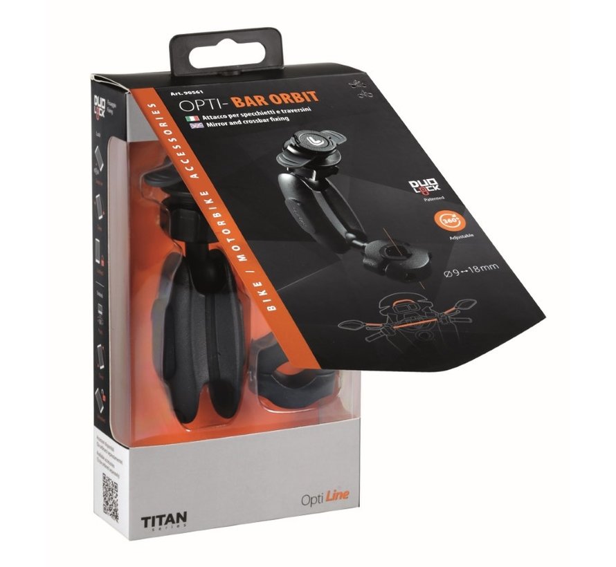 Titan Opti Bar Orbit, spiegel en crossbarbevestiging 9-18 mm diameter met smartphone houder