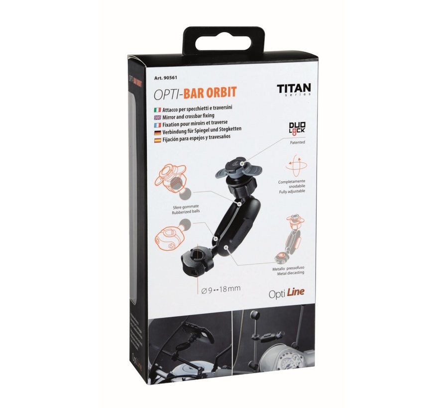 Titan Opti Bar Orbit, spiegel en crossbarbevestiging 9-18 mm diameter met smartphone houder