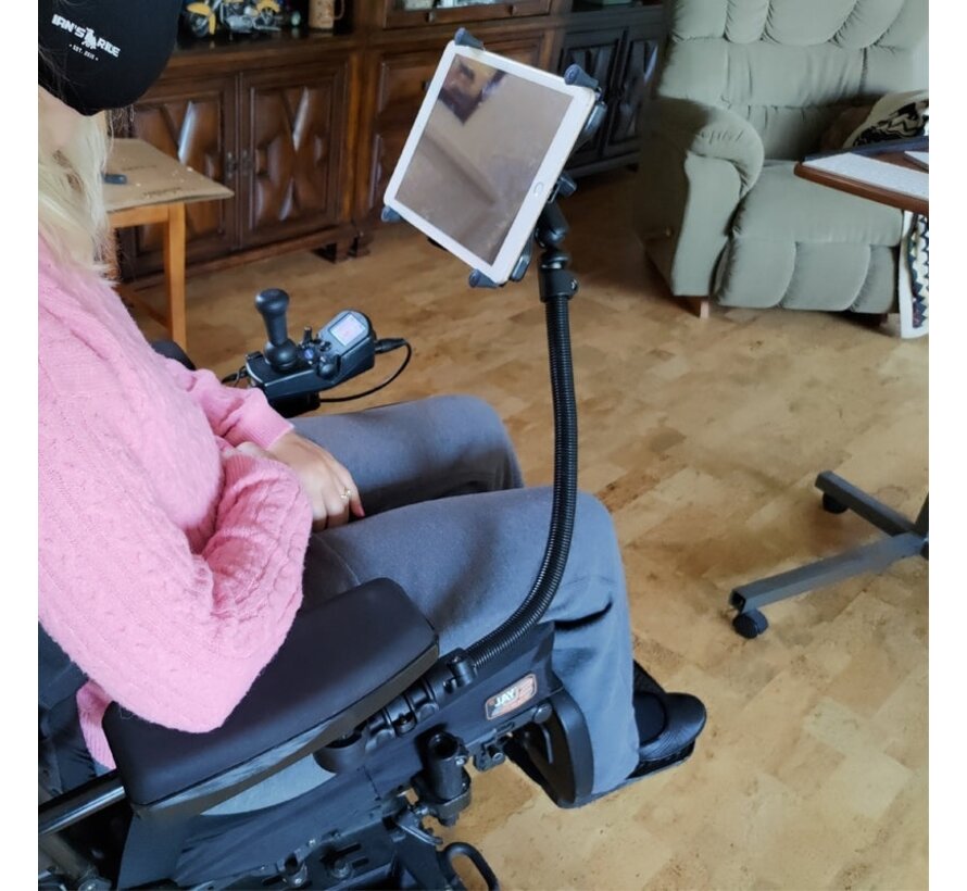 Tablethouder voor rolstoelen met snelkoppeling en zwenkfunctie