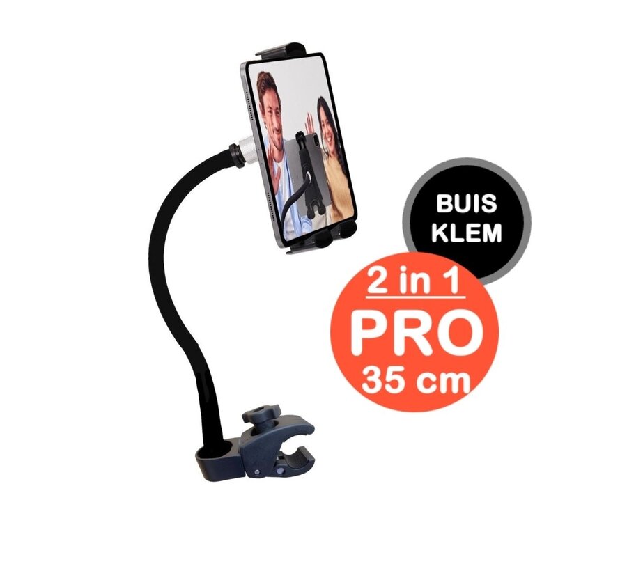 Tablet houder & Telefoonhouder PRO - buis pijpklem - hals 35 of 55 cm