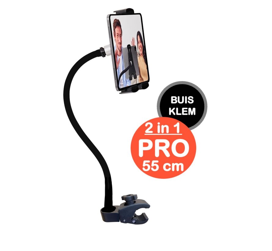 Tablet houder & Telefoonhouder PRO - buis pijpklem - hals 35 of 55 cm