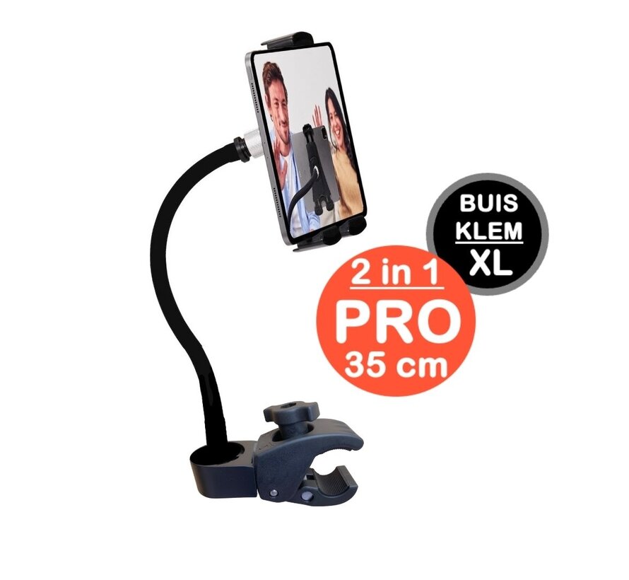 Tablet houder & Telefoonhouder PRO - buis pijpklem XL - hals 35/55 of 75 cm