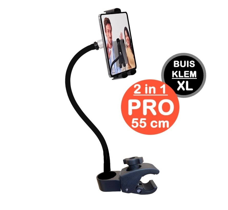 Tablet houder & Telefoonhouder PRO - buis pijpklem XL - hals 35/55 of 75 cm