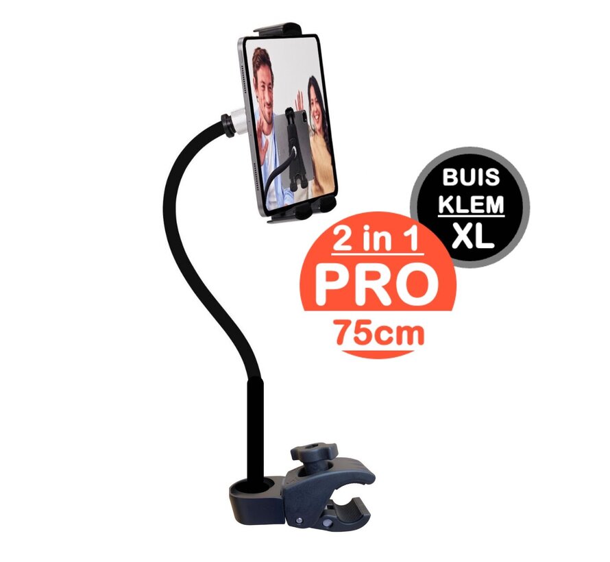 Tablet houder & Telefoonhouder PRO - buis pijpklem XL - hals 35/55 of 75 cm