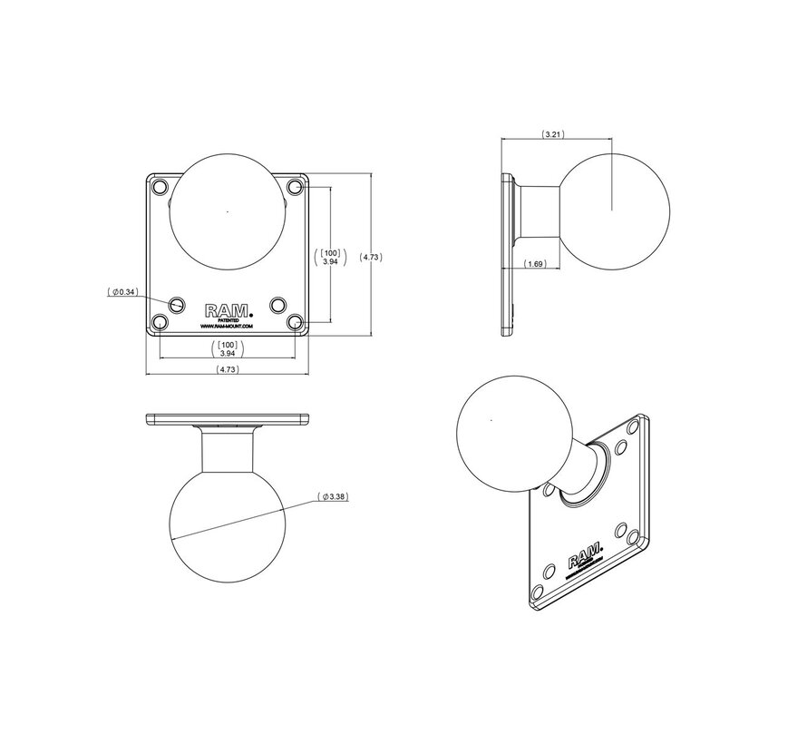 100x100mm VESA-plaat met bal - E-maat RAM-E-246U