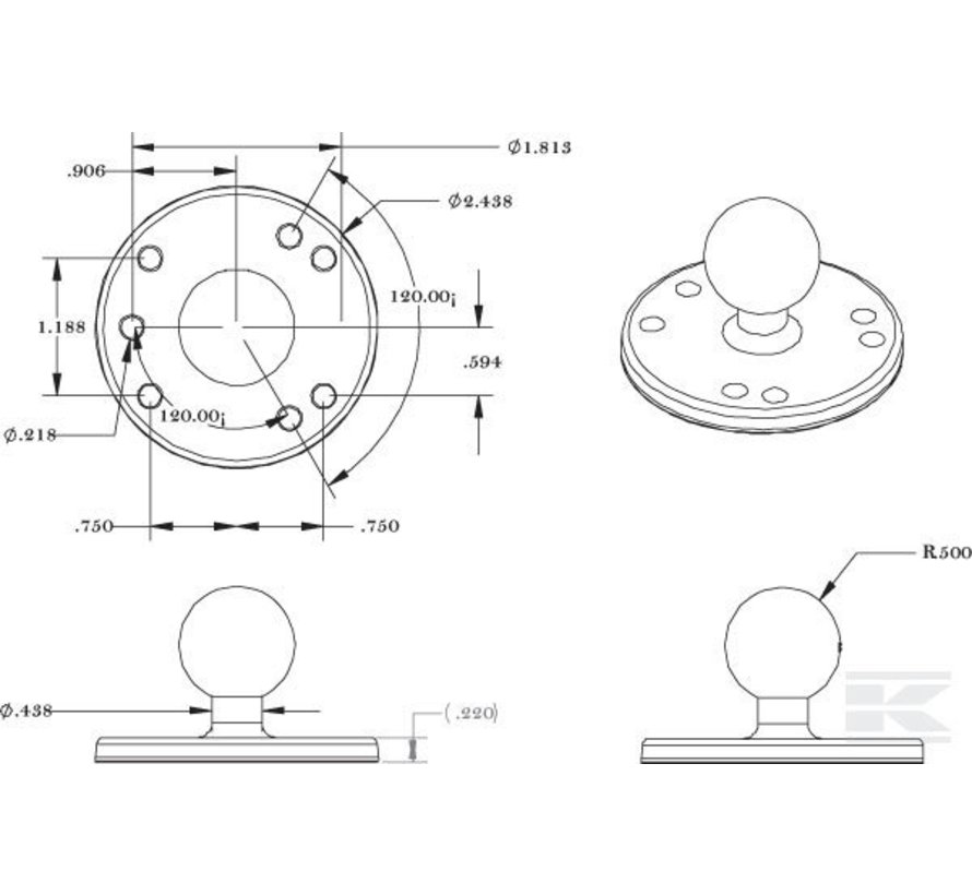 aluminium B-kogel, ronde montage base RAM-B-202U