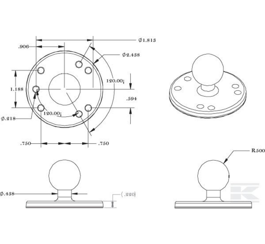 B-Kogel (25 mm) Aluminium Basis Rond - RAM-B-202U