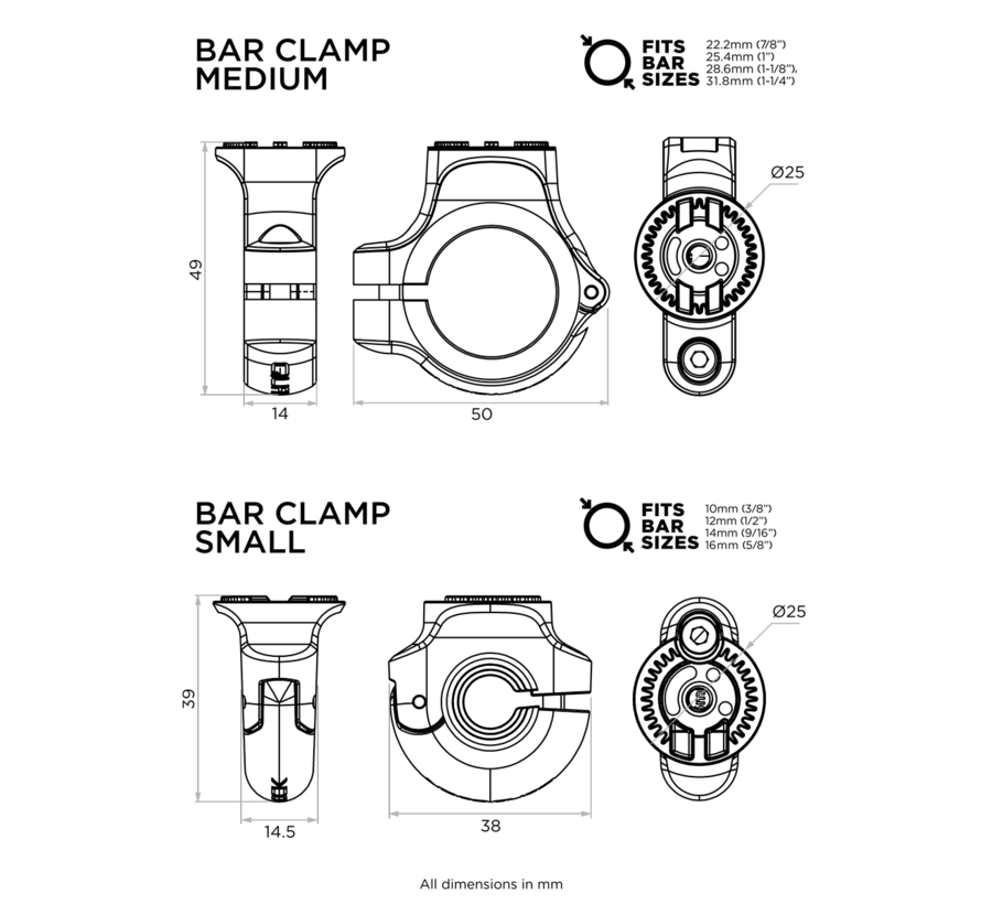 360 Base - Bar Clamp Small of Medium