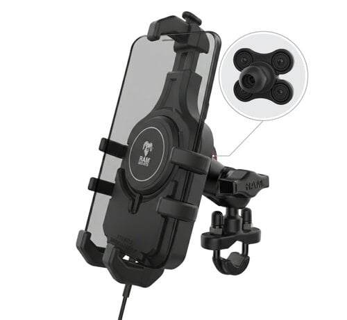 RAM Mount Quick-Grip™ Pro Qi2 15W Waterdichte Motor Telefoonhouder met U-Beugel en Trillingsdemper