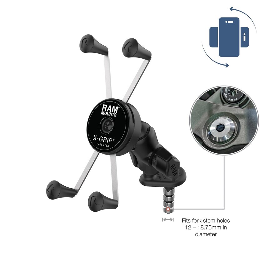 Draaibare X-Grip telefoonhouder (groot formaat) met bevestiging voor de balhoofdbuis