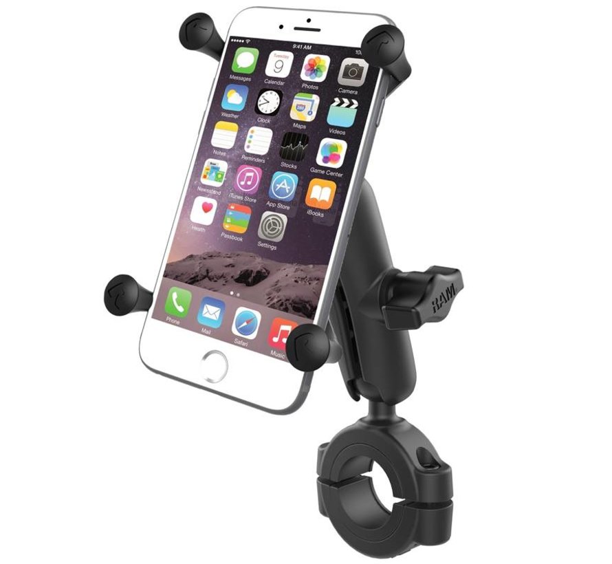 Torque™ 1 1/8" - 1 1/2" Diameter Handlebar/Rail Base with 1" Ball and X-Grip® for Larger Phones