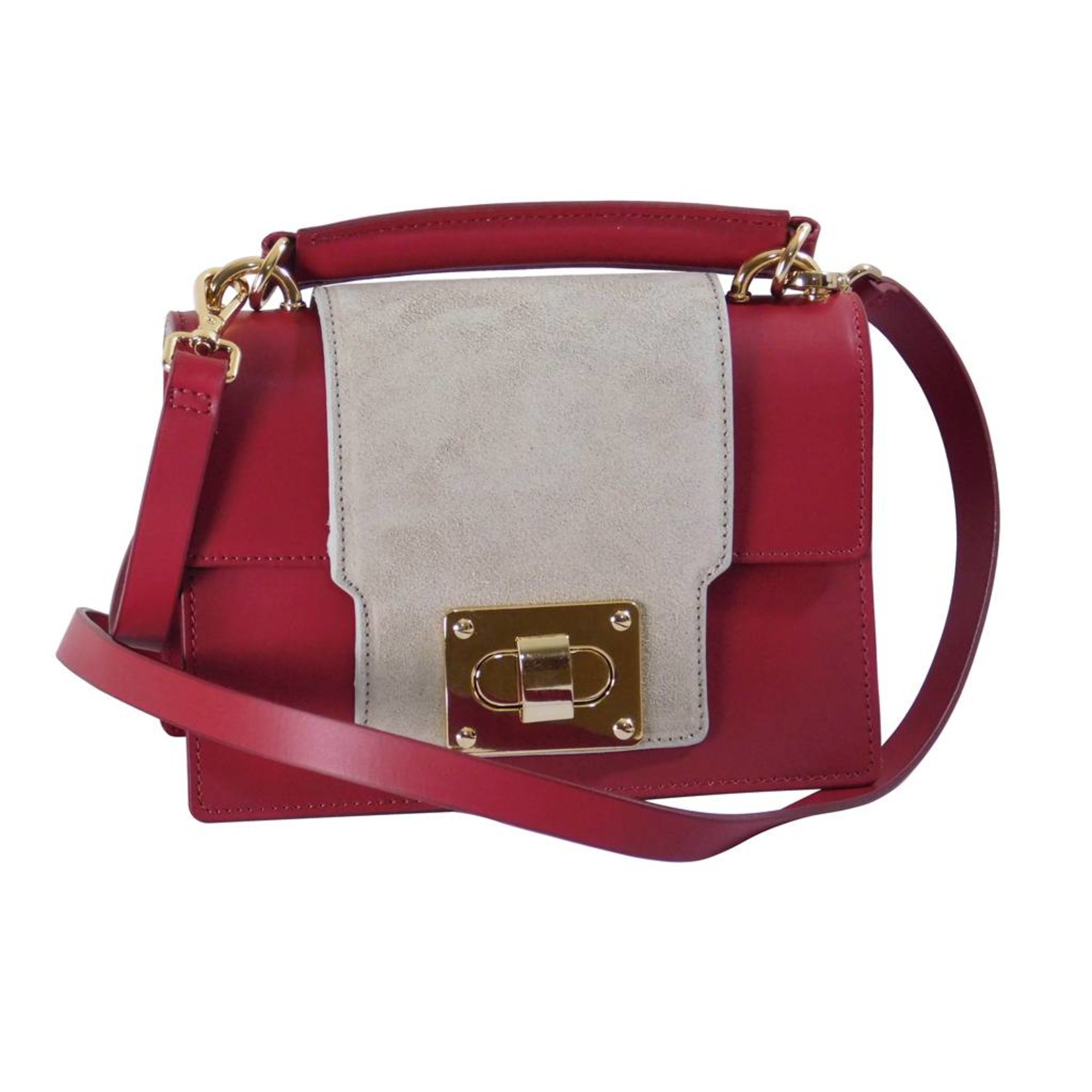 Made in Italia Kleine Handtasche Damen Leder - Rot Grau - Schultergurt Abnehmbar - Drehverschluss