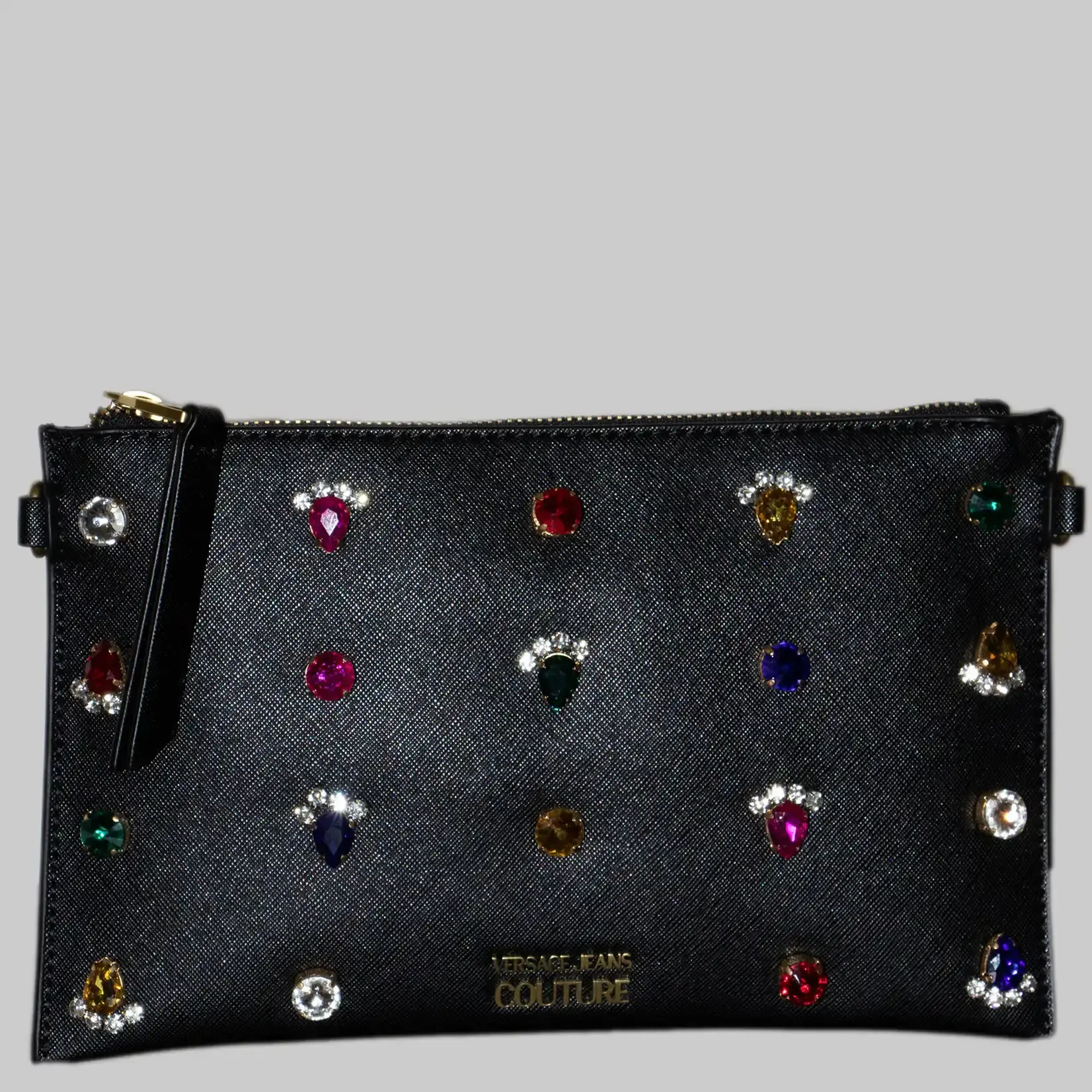 Versace Jeans Damen Clutch aus Kunstleder in Schwarz mit 19 Ziersteinen und abnehmbarem Schultergur