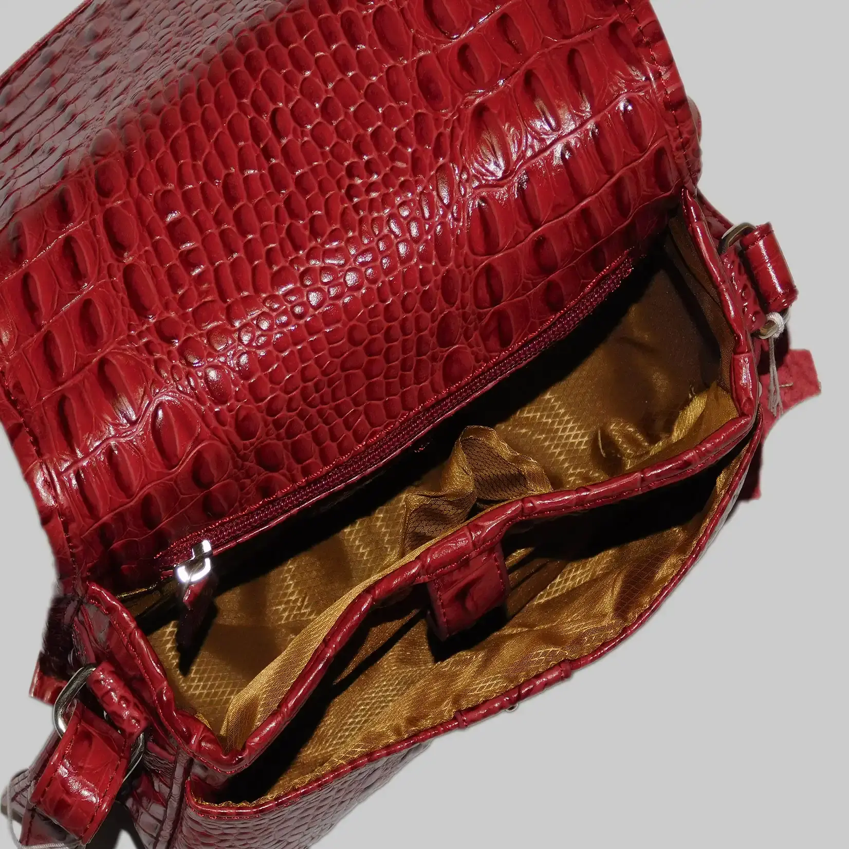 AIRFIELD Italy Design Umhängetasche Damen Leder - Rot - Croco Design - Schultertasche - Crossover - Druckknopfverschluss