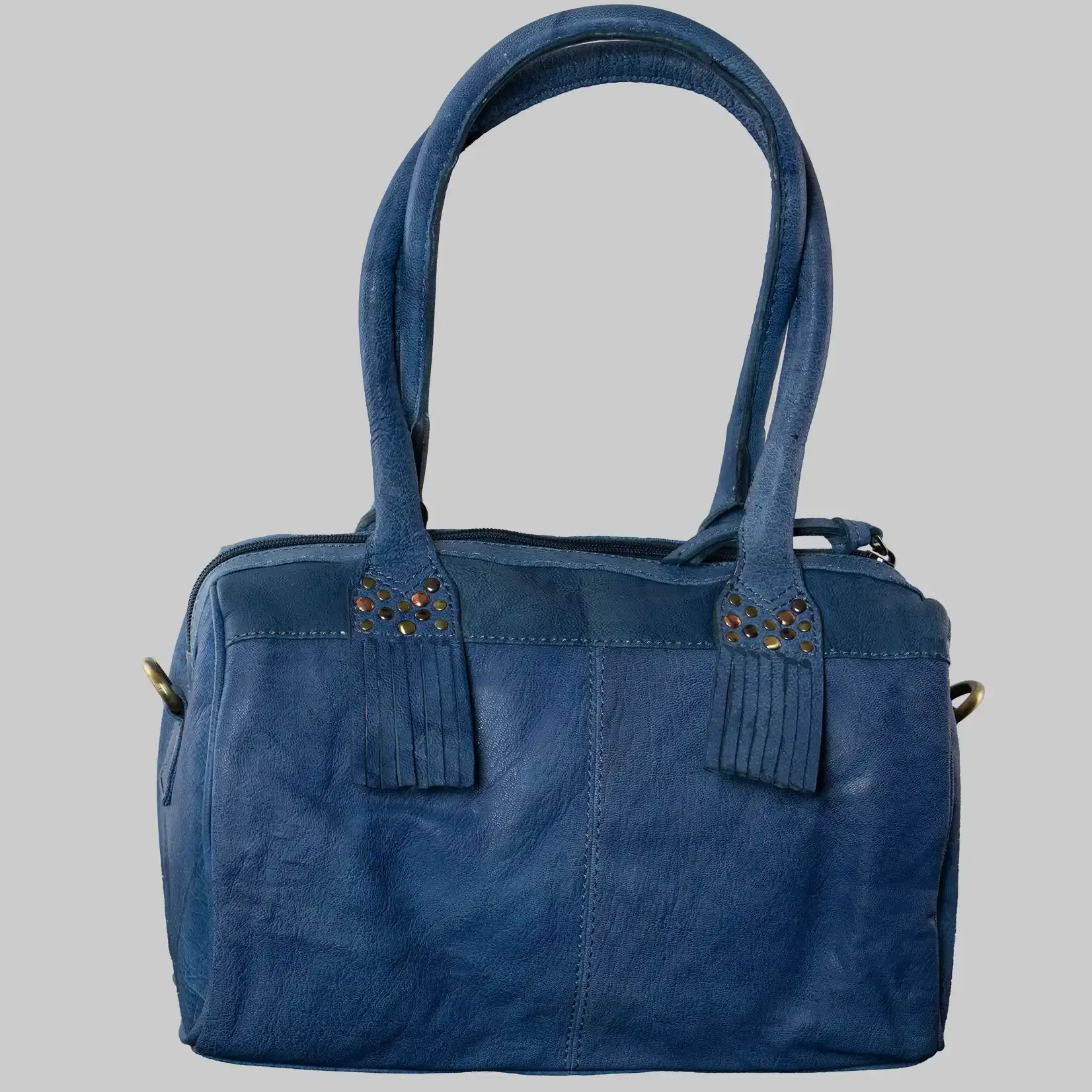 bruno banani Handtasche Damen Leder - Blau - Nieten Verzierung - Abnehmbarer Schultergurt - Reißverschluss