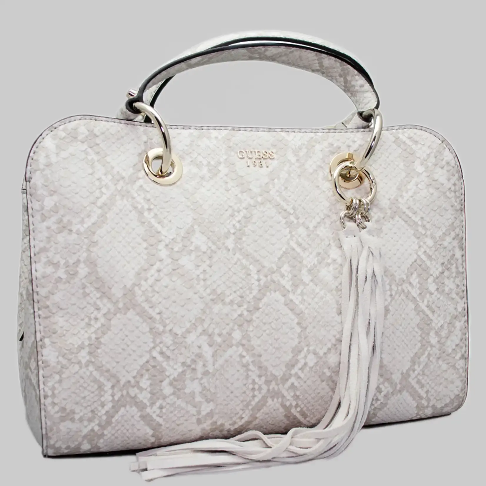 Guess Damen Handtasche aus Kunstleder in Grau-Weiß mit Schlangen-Imitat und Dust Bag