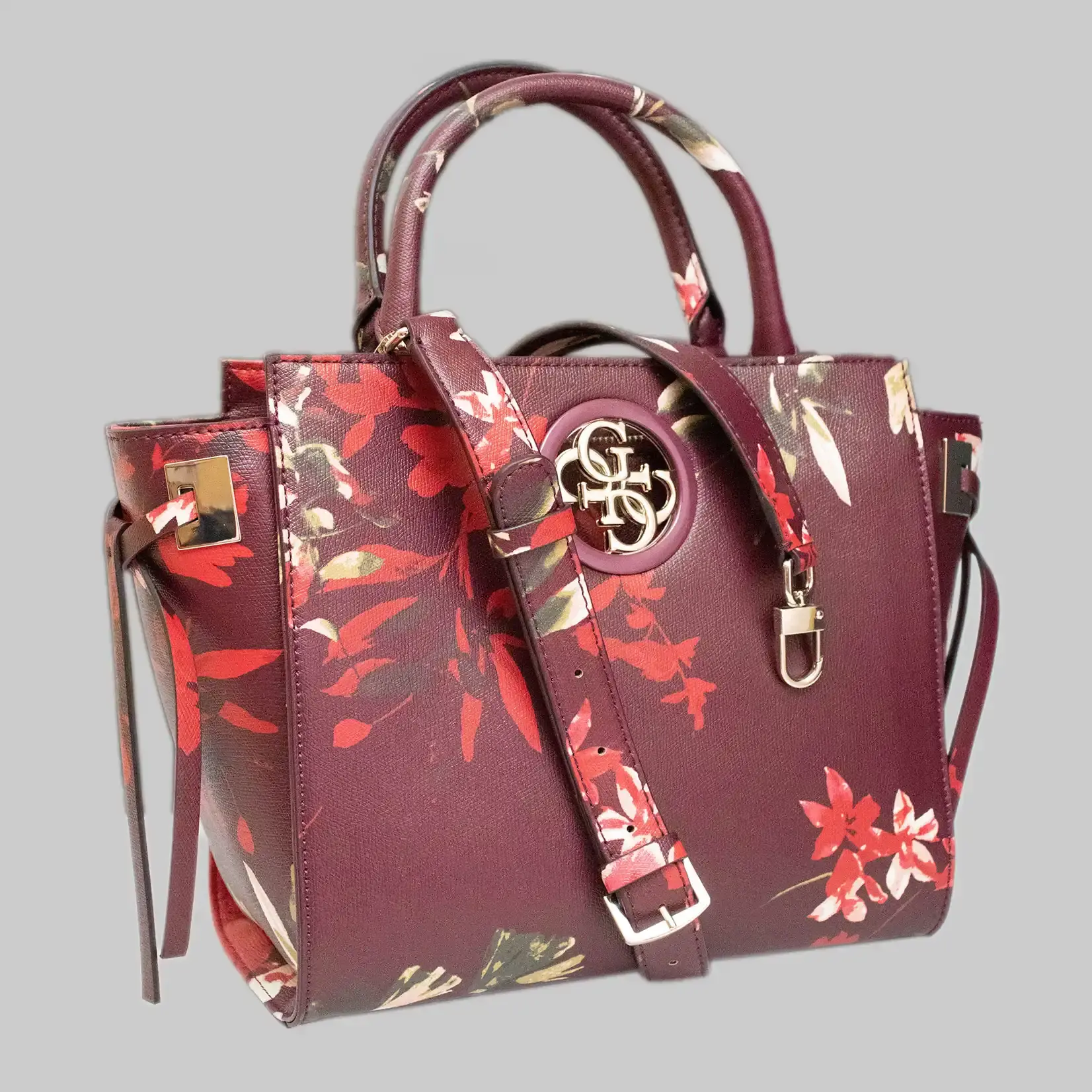 Guess Handtasche Damen Kunstleder -Rot - Blumen Muster - 4 Große G als Logo Vorderseite - Reißverschluss