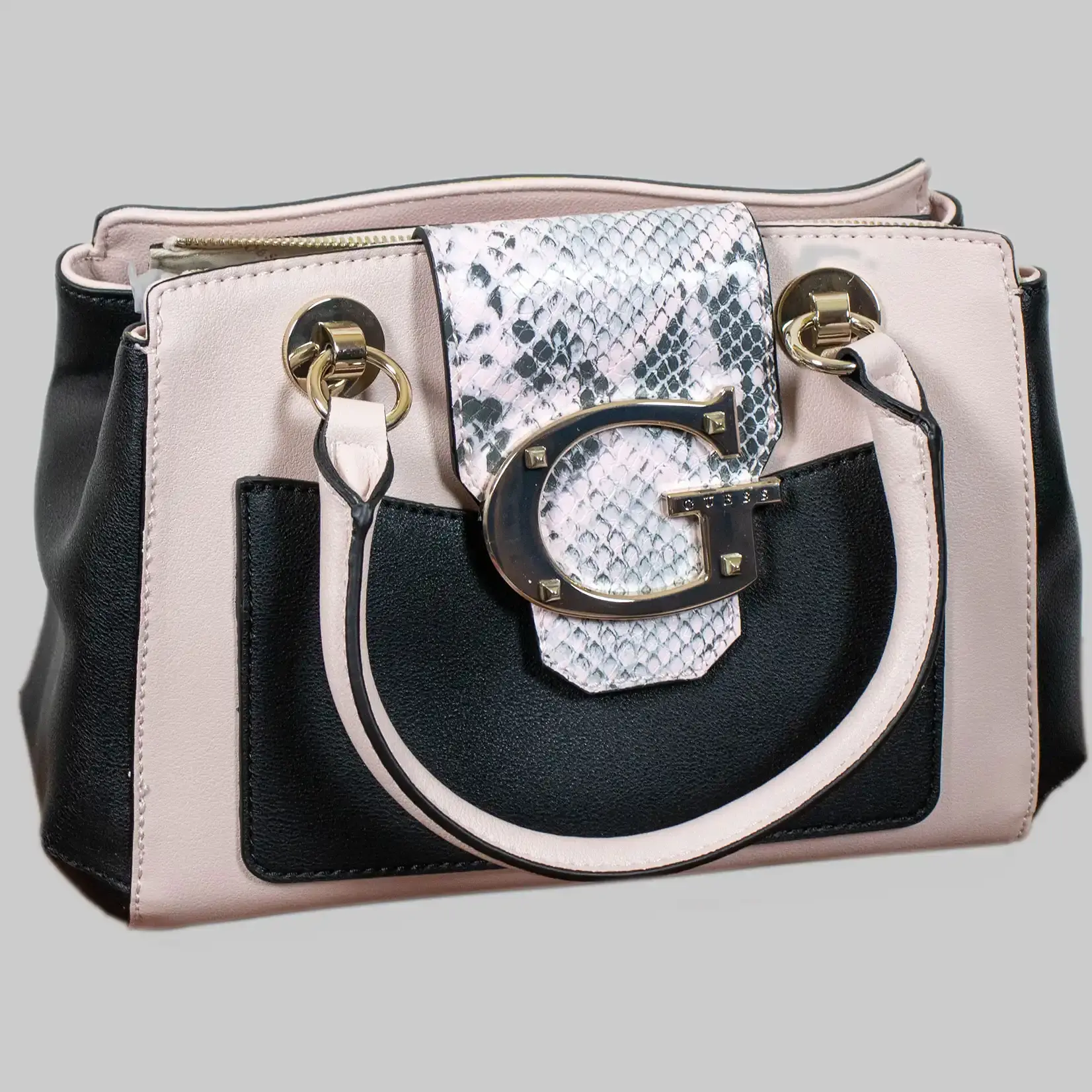 Guess Handtasche Damen Kunstleder -  Schwarz Python Rosa - Großes G als Logo - Reißverschluss, Magnetverschluss