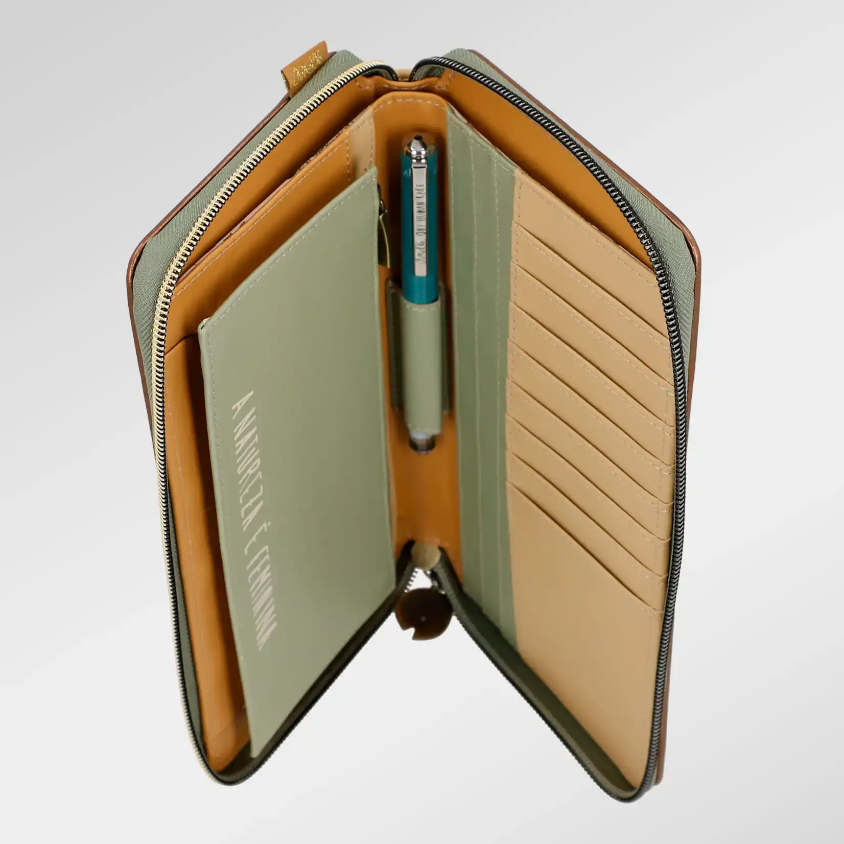 Anekke RFID-Passbrieftasche Amazonia - Braun Grünn - 8 Kartensteckfächer - Reißverschluss