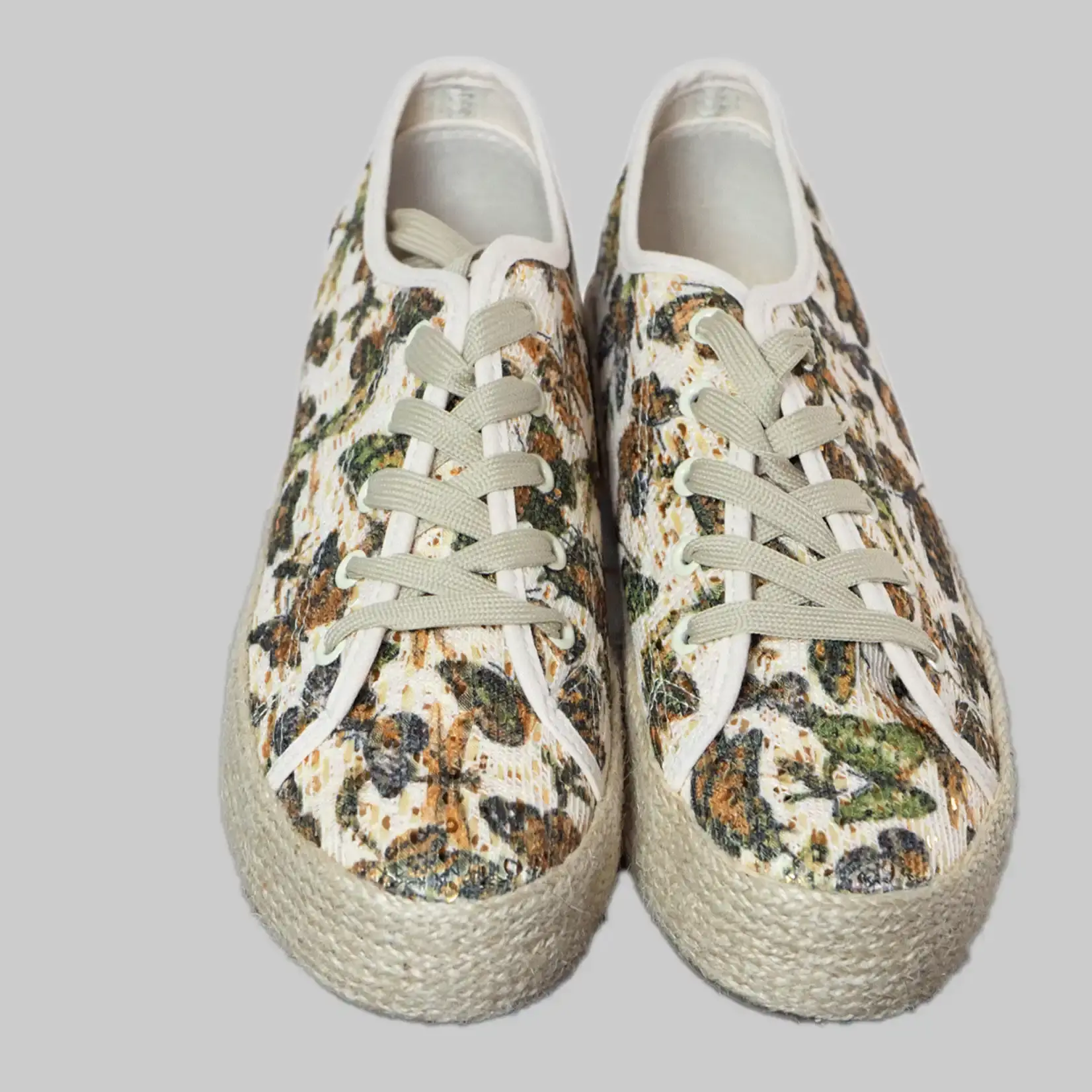 Laura Biagiotti  Plateau Sneaker Damen Textil -  Beige -  Gr. 41 -  Schmetterlings Motive  -  Schnürsenkel 