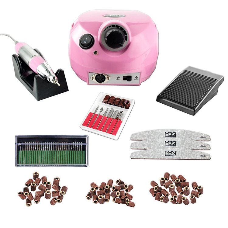 Merkloos Nagelfrees roze + 3 MBS® trapeze vijlen, klein bitsets, Freesset 30-delig en 150 schuurrolletjes