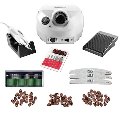 Merkloos ACTIE! Nagelfrees wit + 3 MBS® trapeze vijlen, klein bitsets,Freesset 30-delig en 150 schuurrolletjes