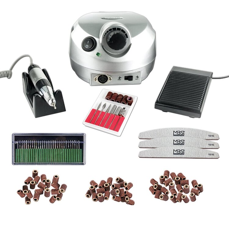 Merkloos Nagelfrees zilver + 3 MBS® trapeze vijlen, klein bitsets, Freesset 30-delig en 150 schuurrolletjes