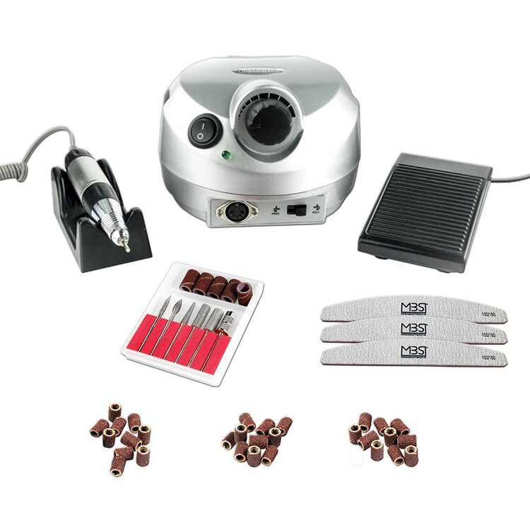 Merkloos Nagelfrees zilver + 3 MBS® trapeze vijlen, bitsetje en 30 schuurrolletjes