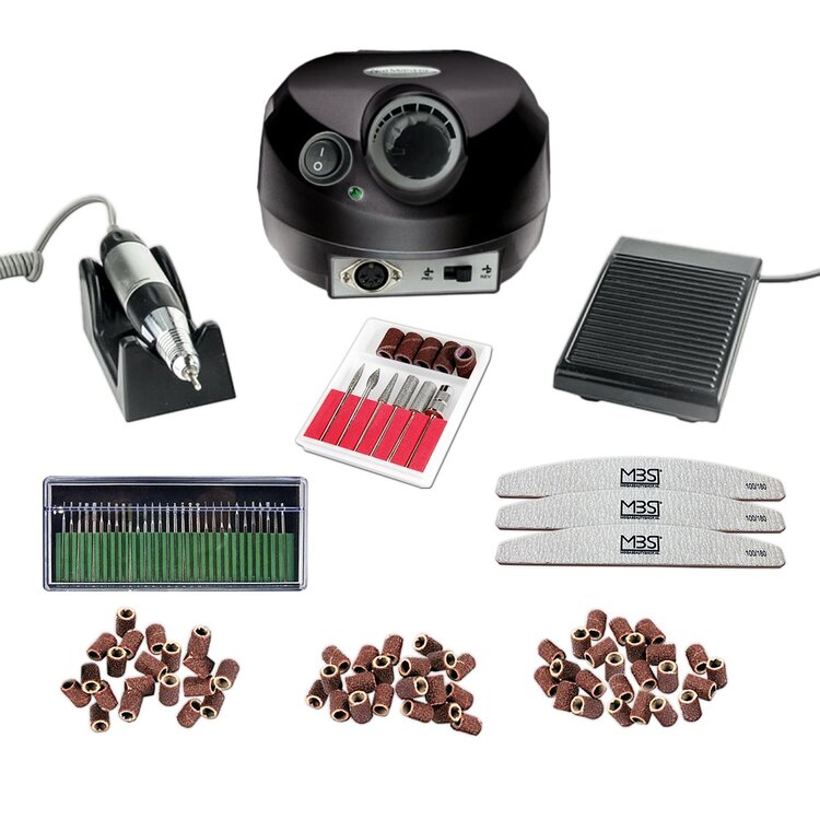 Mega Beauty Shop® Nagelfrees Zwart + 3 MBS® trapeze vijlen, klein bitsets, Freesset 30-delig en 150 schuurrolletjes