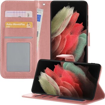 Betaalbare Hoesjes Samsung Galaxy S21 Ultra Hoesje Book Case Kunstleer Cover Hoes - Rose goud