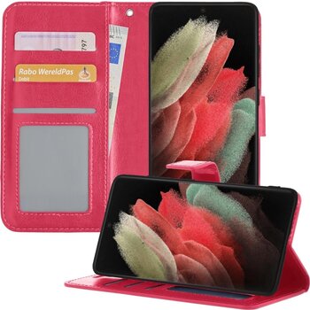 Betaalbare Hoesjes Samsung Galaxy S21 Ultra Hoesje Book Case Kunstleer Cover Hoes - Donkerroze