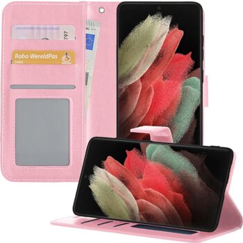 Betaalbare Hoesjes Samsung Galaxy S21 Ultra Hoesje Book Case Kunstleer Cover Hoes - Lichtroze