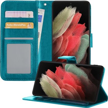 Betaalbare Hoesjes Samsung Galaxy S21 Ultra Hoesje Book Case Kunstleer Cover Hoes - Turquoise