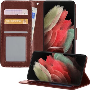 Betaalbare Hoesjes Samsung Galaxy S21 Ultra Hoesje Book Case Kunstleer Cover Hoes - Bruin