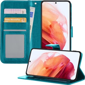 Betaalbare Hoesjes Samsung Galaxy S21 Plus Hoesje Book Case Kunstleer Cover Hoes - Turquoise